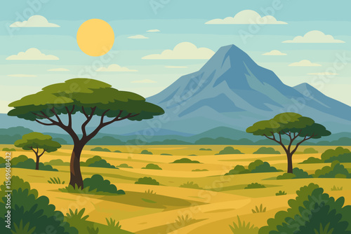 African savanna landscape with acacia trees and Mount Kilimanjaro. Vector illustration of a scenic nature background for safari travel. Wild Africa dayscape on a sunny day.