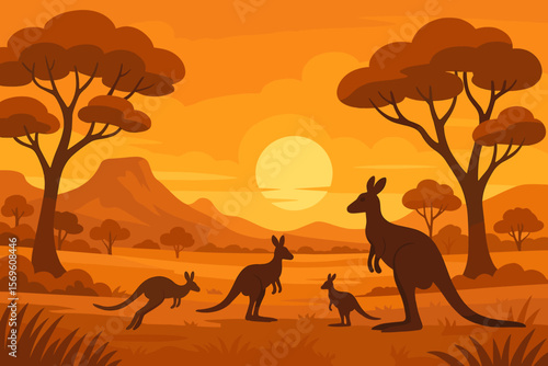 Australian landscape with kangaroo family silhouettes at sunset. Vector illustration of the Australian outback. Wild nature scene with mountains, trees, and warm evening sun.