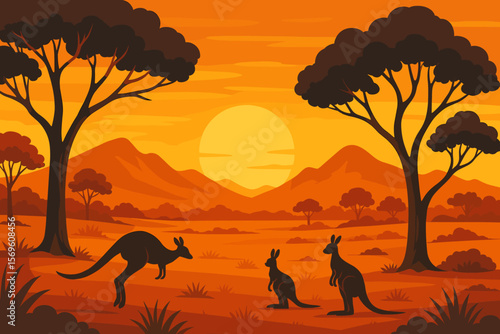 Kangaroo silhouettes in the Australian outback at sunset. Flat vector illustration of a savannah nature landscape with mountains, trees, and warm sun. Australia wildlife travel.