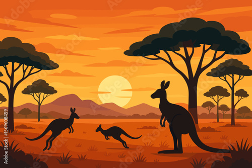 Australian landscape with kangaroo family silhouettes at sunset. Vector illustration of Australia's outback savannah wildlife with mountains and trees. Flat design travel concept.