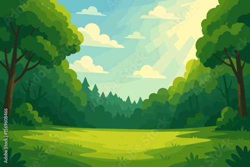 Summer forest landscape with a green glade or meadow. Vector nature background illustration with trees, grass, blue sky, and clouds. Sunlight beams shining in an idyllic scene.