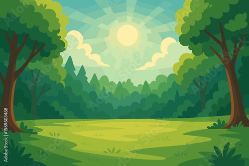 Summer forest clearing with a green grass meadow and trees. Sunny day landscape background. Cartoon vector illustration of a park glade with sun rays and a bright blue sky.