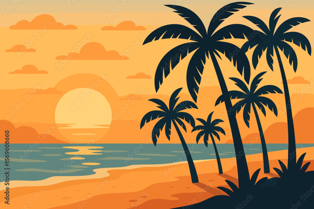 Sunset on a tropical beach with silhouettes of palm trees. Summer vacation travel background concept. Exotic paradise island seascape with ocean waves. Flat vector illustration. Sunset on a tropical beach with silhouettes of palm trees. Summer vacation travel background concept. Exotic paradise island seascape with ocean waves. Flat vector illustration.