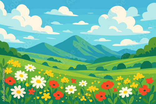 Vibrant summer landscape with blooming daisies, red poppies, yellow wildflowers in lush green meadows, scenic rolling hills, blue mountains, and bright sky with clouds