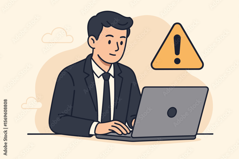 Businessman or IT programmer working on a laptop with a warning sign. Concept of system error, security alert, bug fixing, or maintenance notification. Flat vector illustration. Businessman or IT programmer working on a laptop with a warning sign. Concept of system error, security alert, bug fixing, or maintenance notification. Flat vector illustration.