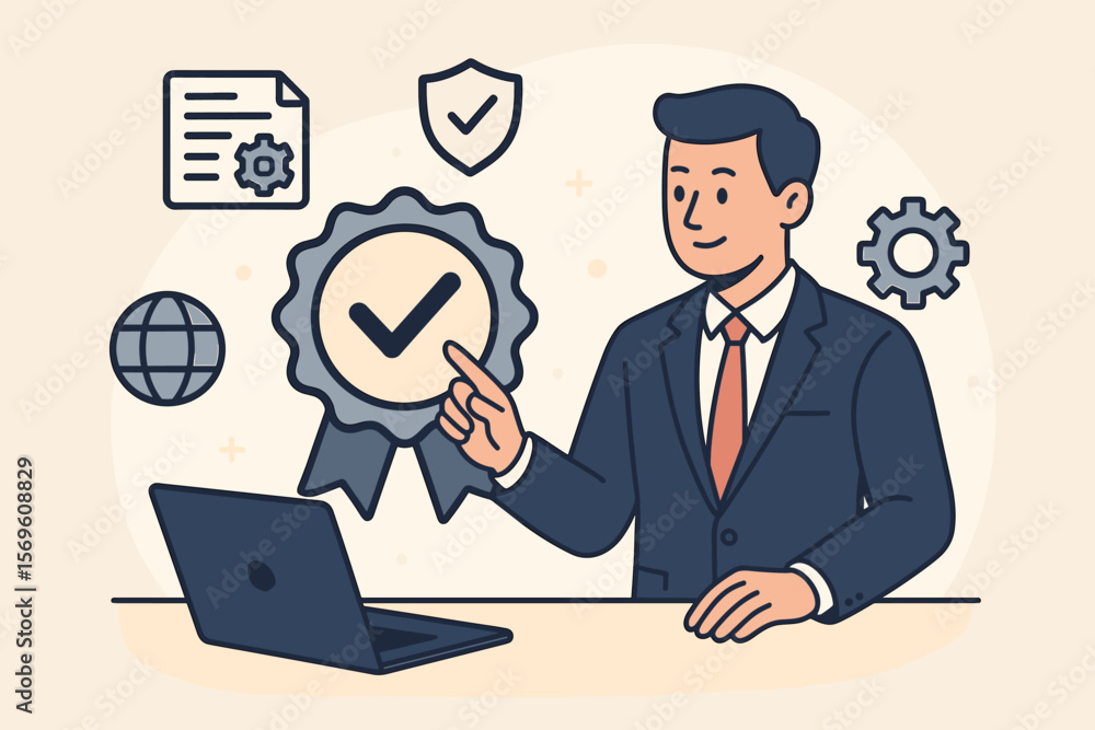 Businessman Pointing at Quality Assurance Badge, Guarantee, ISO Certification, Service Standards, Compliance, Modern Flat Vector, Office, Professional Certification Concept Businessman Pointing at Quality Assurance Badge, Guarantee, ISO Certification, Service Standards, Compliance, Modern Flat Vector, Office, Professional Certification Concept