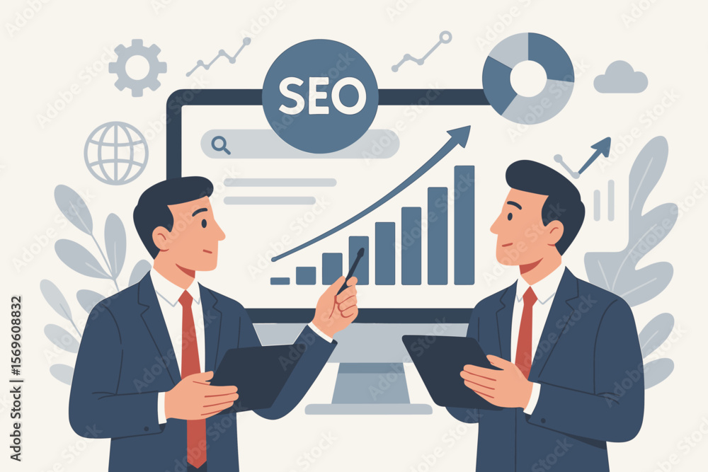 SEO concept with businessmen analyzing data. Digital marketing team works on Search Engine Optimization strategy for website traffic, ranking growth, and online business. SEO concept with businessmen analyzing data. Digital marketing team works on Search Engine Optimization strategy for website traffic, ranking growth, and online business.