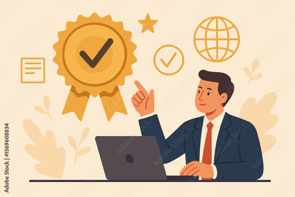 Businessman working on laptop with a quality assurance seal. Concept of top service, guarantee, standards, ISO certification, and global standardization. Flat vector illustration. Businessman working on laptop with a quality assurance seal. Concept of top service, guarantee, standards, ISO certification, and global standardization. Flat vector illustration.