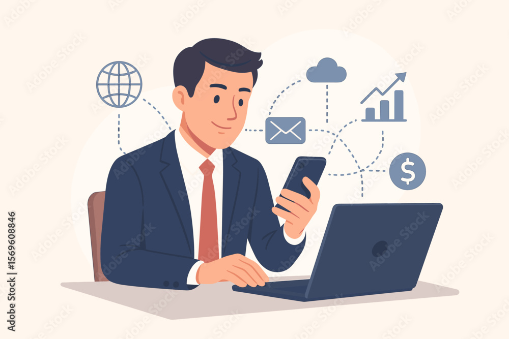 Businessman using smartphone and laptop for global internet connection, digital marketing, finance, banking, cloud technology, online communication, data analytics Businessman using smartphone and laptop for global internet connection, digital marketing, finance, banking, cloud technology, online communication, data analytics