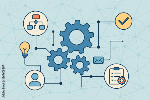Business process management workflow automation diagram with gears, icons, connection lines, network background. Modern flat vector illustration. Process optimization, teamwork