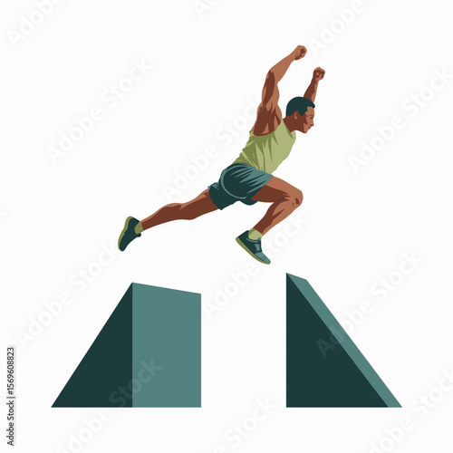 Parkour Athlete Jumping Between Obstacles Vector