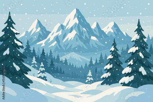 Majestic snowy mountain landscape with pine and spruce forest, winter snowdrifts, falling snow, scenic peaks, Christmas and New Year holiday background illustration