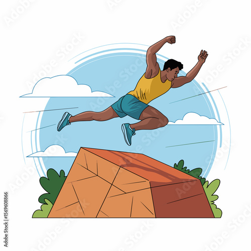 Parkour Athlete Jumping Between Obstacles Vector