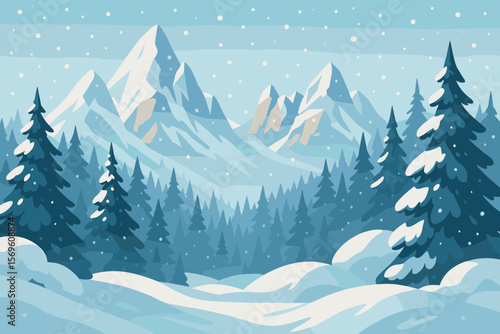 Majestic winter mountain landscape with snowy pine forest, snowdrifts, falling snow, alpine peaks, Christmas and New Year holiday scene, tranquil frosty wilderness illustration