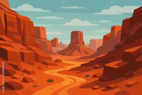 Red rock canyon desert landscape. Wild West nature background with buttes and mountains. American western scenery in Arizona or Utah. Modern flat vector cartoon illustration.