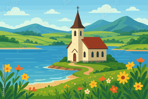 Picturesque village church on island shore, surrounded by blooming wildflowers, rolling green meadows, blue lake, and distant mountains under clear sky. Peaceful rural landscape.