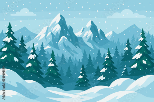 Winter Christmas landscape with snowy mountains, pine and spruce forest, large snowdrifts, falling snow, scenic mountain peaks, festive New Year holiday background illustration