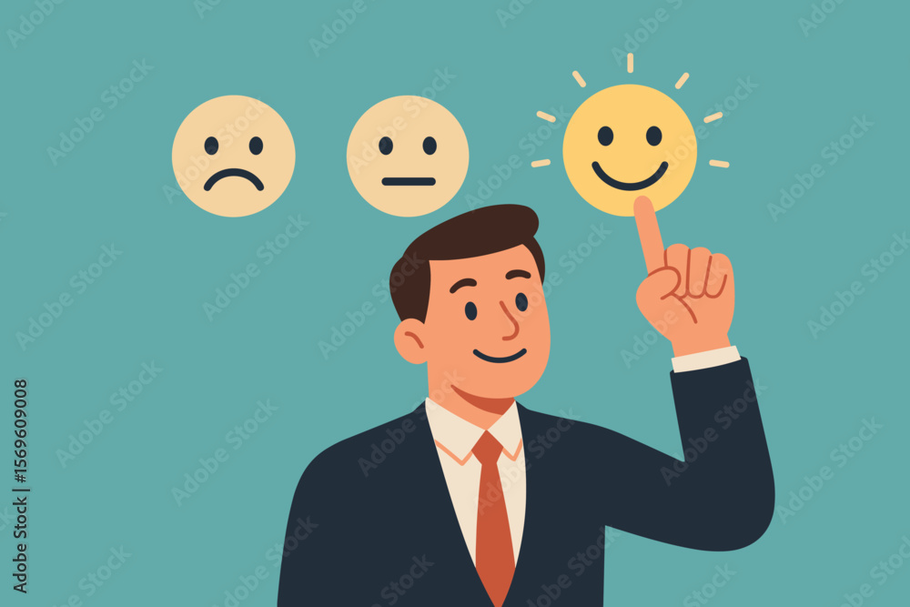 Customer satisfaction concept. Businessman hand touching a happy smiley face icon. Client giving positive review for service experience. Excellent rating and good feedback. Customer satisfaction concept. Businessman hand touching a happy smiley face icon. Client giving positive review for service experience. Excellent rating and good feedback.