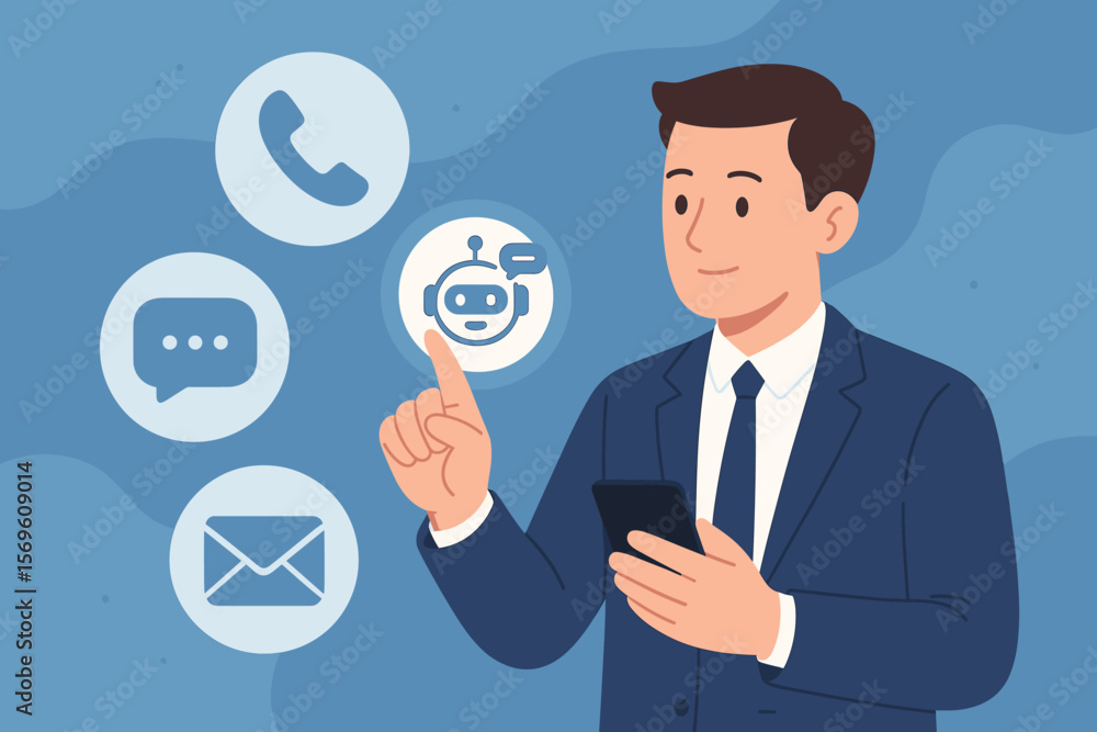Contact us concept. Businessman choosing AI chatbot on virtual screen for customer service. Support hotline with communication icons: phone, mail, and live chat bubbles. Contact us concept. Businessman choosing AI chatbot on virtual screen for customer service. Support hotline with communication icons: phone, mail, and live chat bubbles.