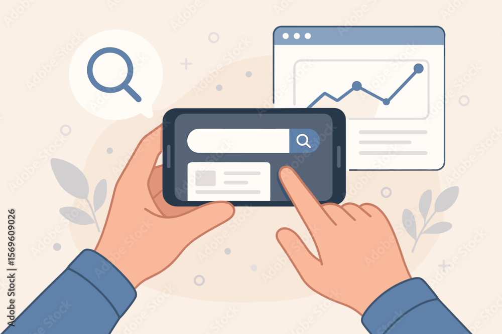Search engine optimization SEO concept with hands holding smartphone. Man searching data online. Analytics graph background, website ranking and digital marketing strategy vector. Search engine optimization SEO concept with hands holding smartphone. Man searching data online. Analytics graph background, website ranking and digital marketing strategy vector.