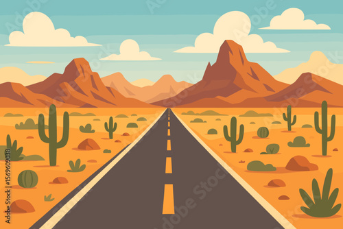 Desert road landscape with mountains and cactus. Road trip in Arizona or Utah. Wild West journey concept. Empty highway vanishing in perspective. Flat vector cartoon illustration.