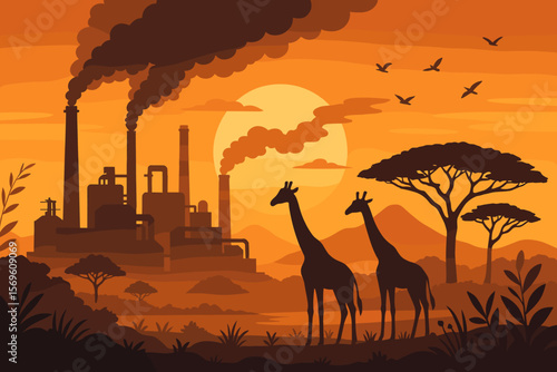 Industry polluting the environment in Africa. Factory smoke over a savanna landscape with giraffes at sunset. Concept of climate change, pollution, wildlife habitat destruction.
