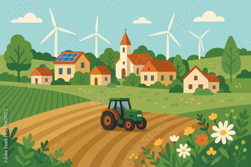 Eco village and sustainable agriculture concept. Rural landscape with tractor on a farm field, houses with solar panels, a church, and wind turbines for green energy.