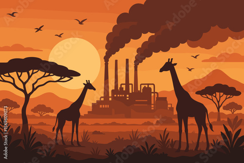 Industrial pollution concept with factory smokestacks contaminating the environment. African savanna landscape with giraffe silhouettes at sunset. Climate change and habitat loss.