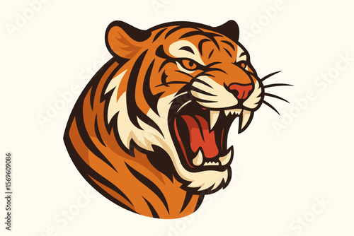 Fierce roaring tiger head vector illustration, growling wild cat logo design, powerful animal mascot, modern flat style, bold orange and black stripes, wildlife symbol