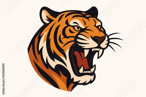 Roaring tiger head vector logo. Angry growling tiger face. Sports mascot for team, esports. Aggressive wild cat emblem. Predator symbol with fangs. Modern graphic illustration.