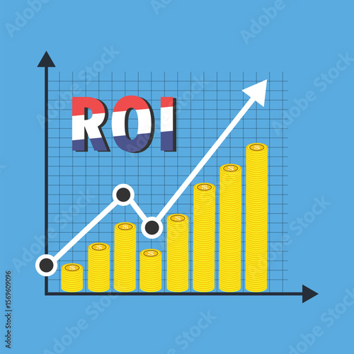 Return on investment concept. business growth arrows to success. ROI text with grow dollar coins plant.