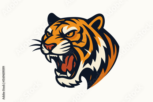 Tiger head logo vector. Roaring tiger face mascot for sport or esports team. Aggressive wild animal emblem with open mouth and fangs. Angry predator graphic illustration.