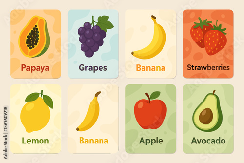 Educational fruit flashcards set for kids. Learning cards for toddlers with cute cartoon food. Papaya, grapes, banana, strawberry, lemon, apple, avocado vector illustration.