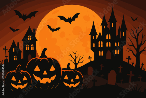 Halloween night background with scary jack o'lanterns, a haunted castle and graveyard silhouettes. Spooky illustration with bats flying in front of an orange full moon.