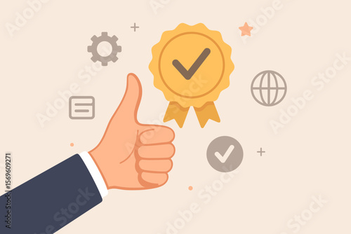 Business hand with thumbs up for quality assurance. Guarantee, standards, and ISO certification concept. Top service, satisfaction, approval, and standardization.