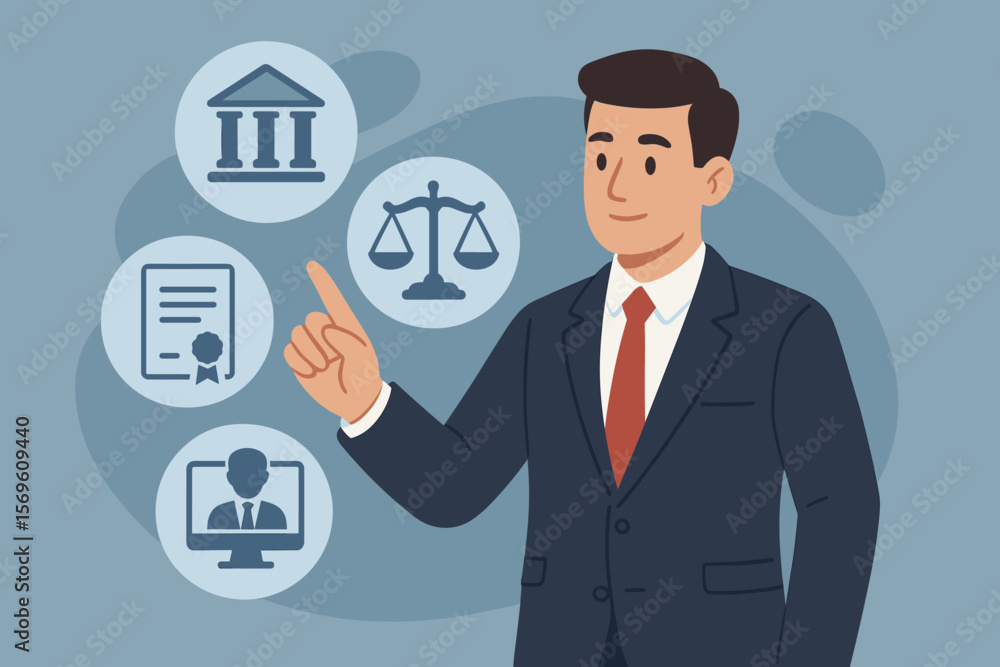 Legal services concept with lawyer character and justice icons. Attorney pointing at courthouse, scales of justice, contract, and online consultation. Business legislation. Legal services concept with lawyer character and justice icons. Attorney pointing at courthouse, scales of justice, contract, and online consultation. Business legislation.