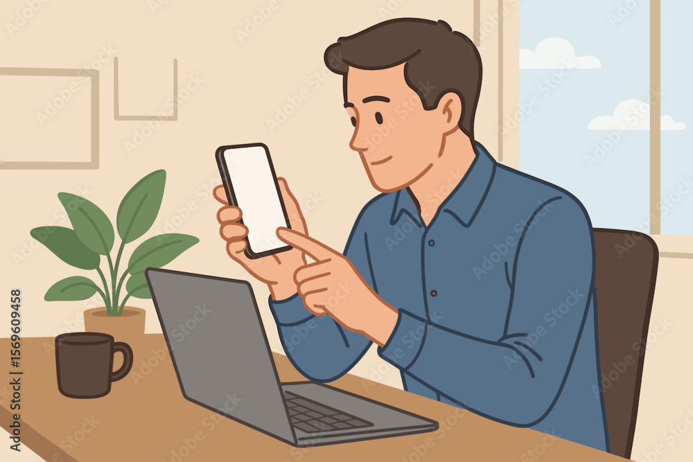 Man using smartphone at office desk. Mobile phone mockup with blank screen. Businessman working on laptop, touching display. Online communication, technology, app usage concept. Man using smartphone at office desk. Mobile phone mockup with blank screen. Businessman working on laptop, touching display. Online communication, technology, app usage concept.