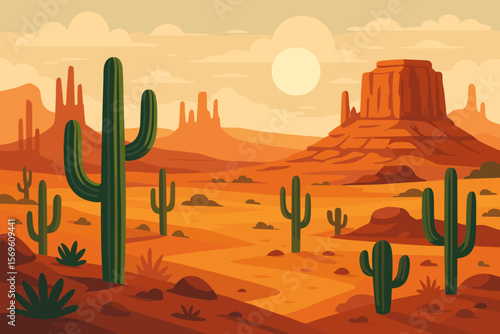 Wild West desert landscape vector. Arizona or Utah scenery with saguaro cactus and buttes. American Western cartoon background. Flat illustration of a hot, arid nature scene.
