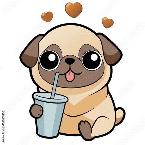 pug holding a bubble tea cup 