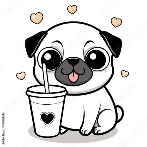 pug holding a bubble tea cup 
