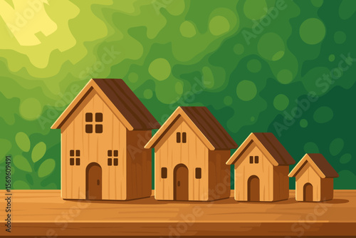 Real estate market concept with miniature wooden houses in a row. Property investment, mortgage, and savings for a new home. Sustainable eco living on green background. Vector.