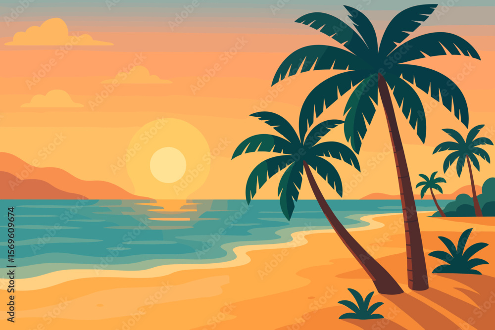 Tropical paradise beach landscape at sunset with palm trees, sandy coast, ocean waves, and colorful sky. Modern flat vector cartoon illustration of nature and summer vacation. Tropical paradise beach landscape at sunset with palm trees, sandy coast, ocean waves, and colorful sky. Modern flat vector cartoon illustration of nature and summer vacation.