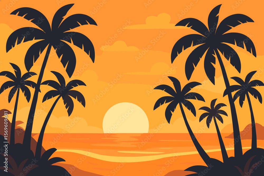 Tropical beach sunset or sunrise landscape with palm tree silhouettes. Summer vacation travel concept. Seascape with orange sky over the ocean. Flat vector cartoon illustration. Tropical beach sunset or sunrise landscape with palm tree silhouettes. Summer vacation travel concept. Seascape with orange sky over the ocean. Flat vector cartoon illustration.