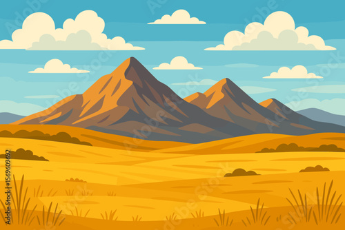 Mountain tourism and travel concept. Steppe vector landscape illustration. Beautiful yellow savanna scenery with blue sky. Outdoor nature background for adventure banner.