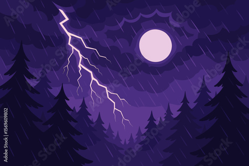 Night forest landscape with thunderstorm, heavy rain, and a powerful lightning bolt. Stormy weather concept with dark pine trees, full moon, and dramatic purple sky. Vector.