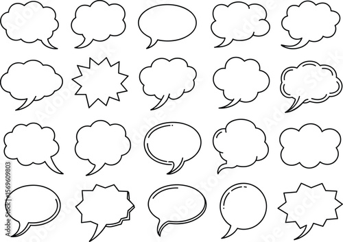 Hand drawn comic speech bubbles, doodle thought clouds, outline cartoon dialog balloons, vector callouts, sketch text elements, pop design