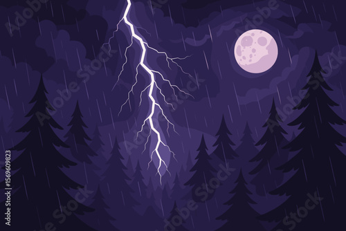 Stormy night forest landscape with a dramatic lightning bolt and full moon. Thunderstorm with heavy rain over pine trees. Spooky purple nature vector background concept.