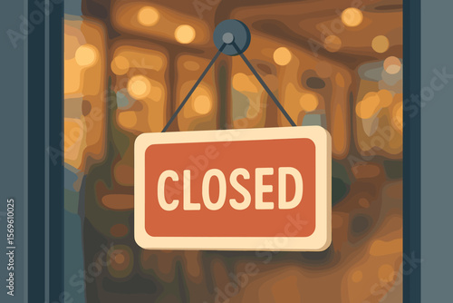 Closed sign hanging on glass door of restaurant, cafe, shop, or office. Modern flat vector illustration with bokeh reflections, business closure notice, entrance warning symbol