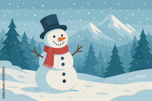 Cheerful snowman with top hat and red scarf in snowy winter forest landscape, pine trees, mountains, falling snow, Christmas holiday scene, festive flat vector illustration