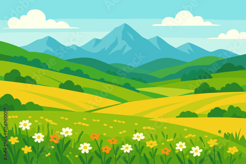 Vibrant summer flowering meadows and fields with wildflowers, rolling green hills, yellow fields, distant blue mountains, scenic countryside landscape vector illustration